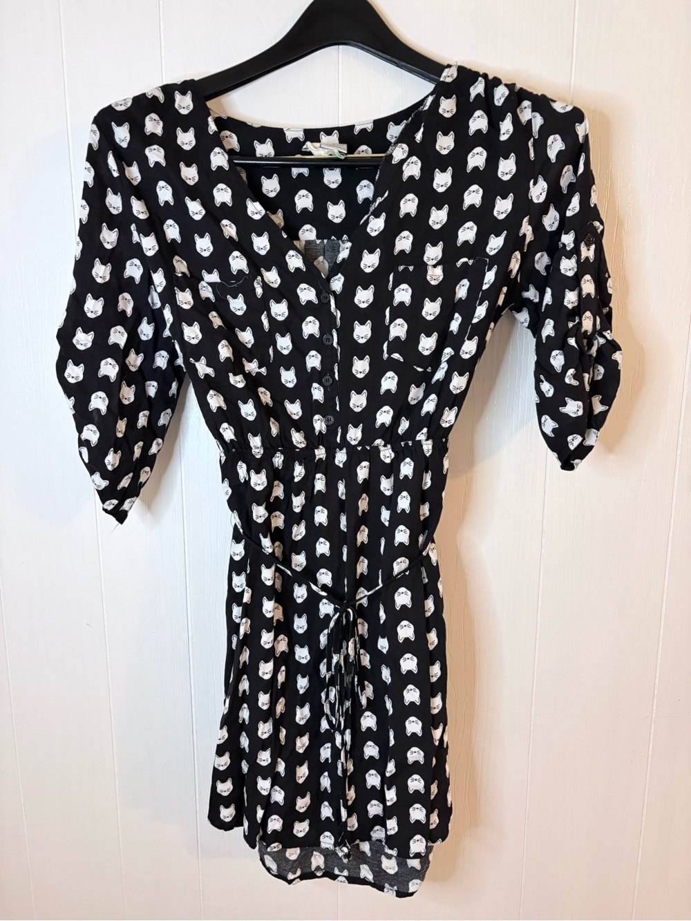Mimi Chica Black Mini Dress with White Cat Print